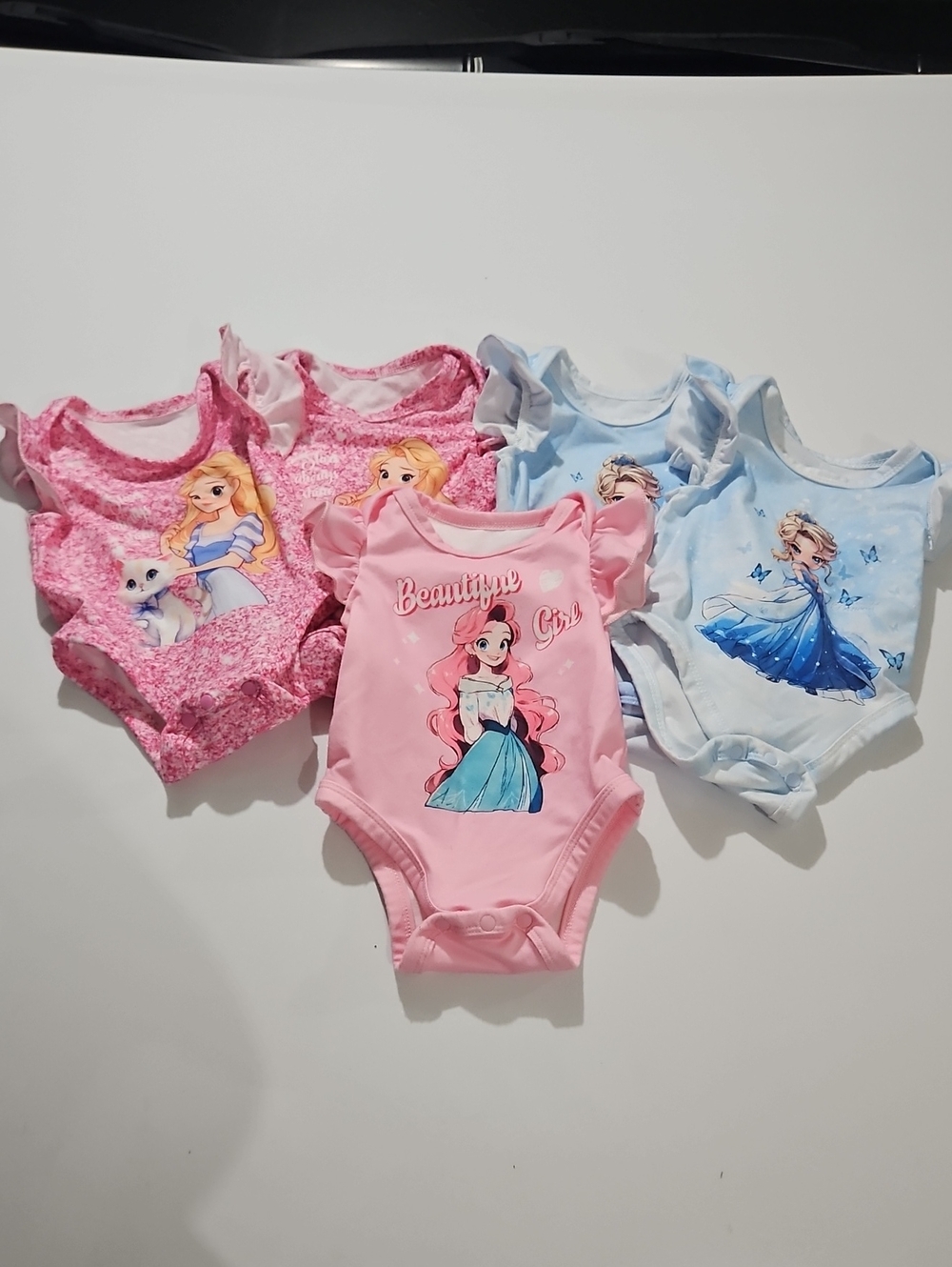 SHEIN Lot Of 5 Princess Pink and Light Blue Ruffle-Sleeve Baby Onesie's 0/3 Mos